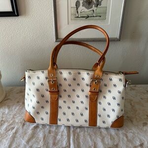 Dooney & Bourke white and tan monogrammed satchel with blue "DB" lettering
